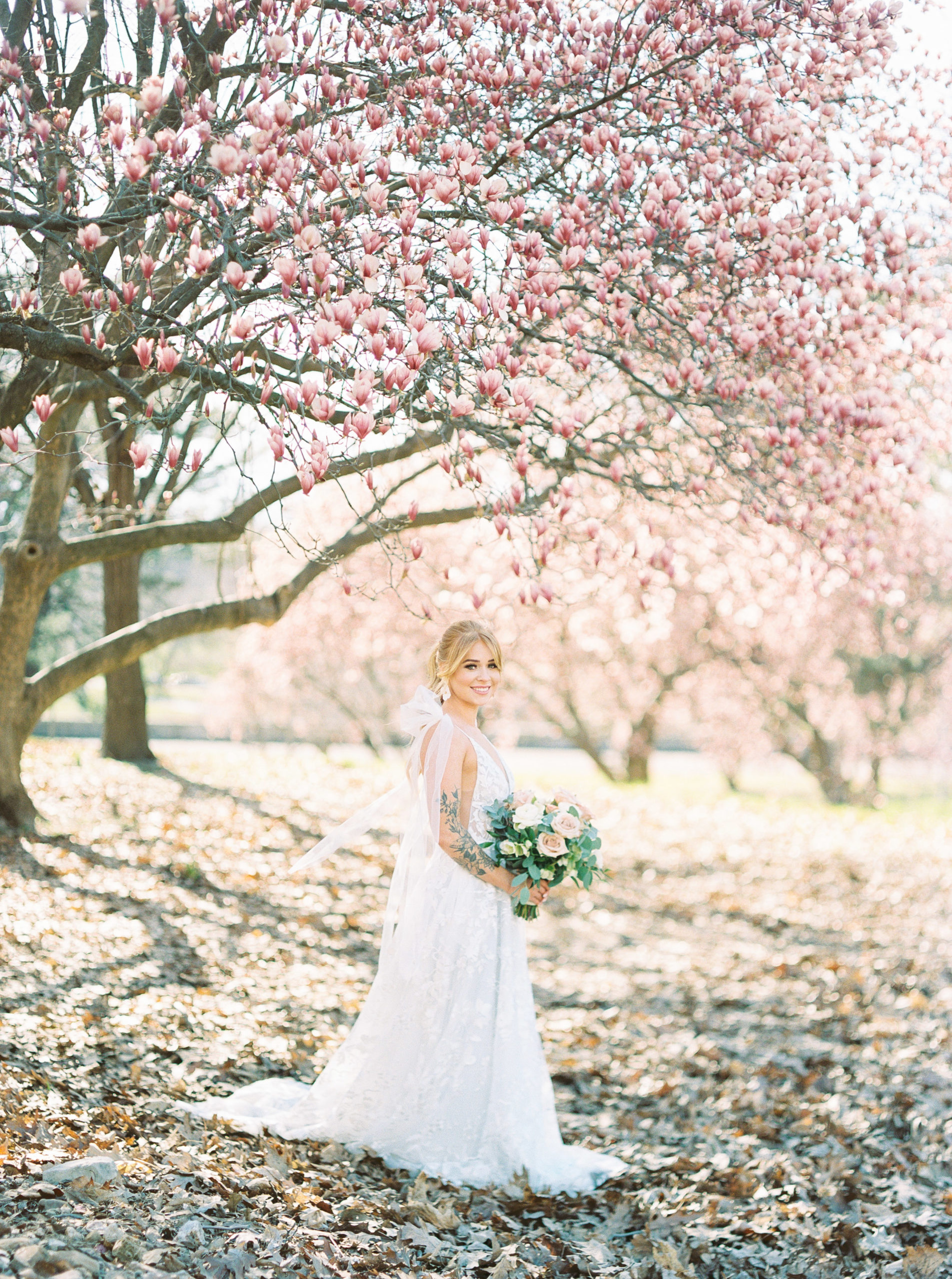 fine art Spring Floral Bridal Inspiration session on film in St Louis Forest Park
