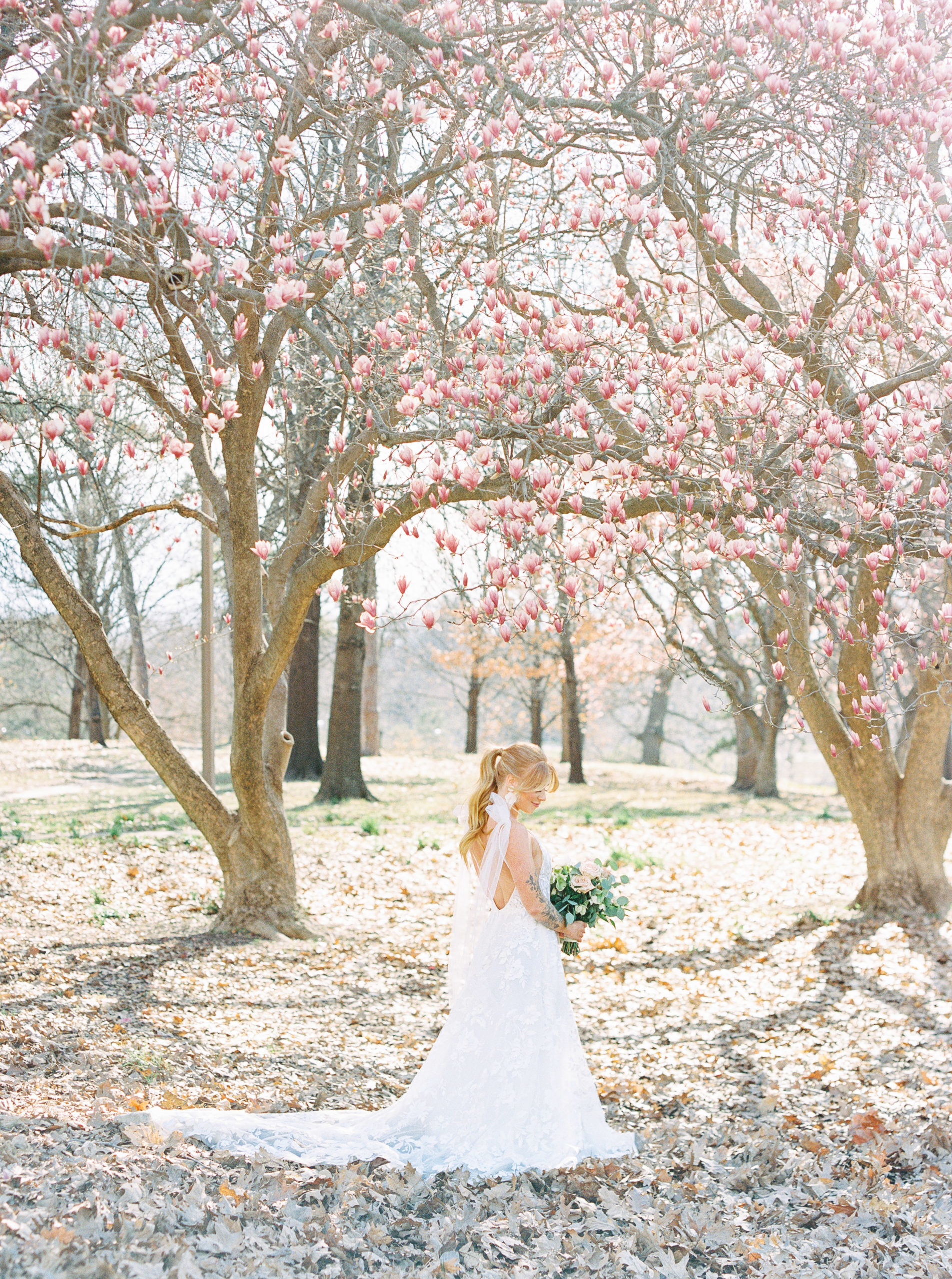 Made with love elsie gown for fine art Spring Floral Bridal Inspiration session on film in St Louis Forest Park